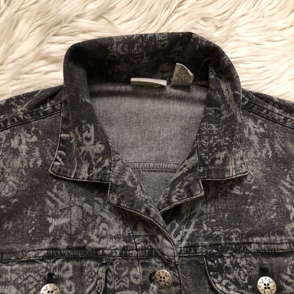 Chico’s Abstract Tribal Grunge Western Patterned Black Gray Denim Jean Jacket 1 - Picture 3 of 11